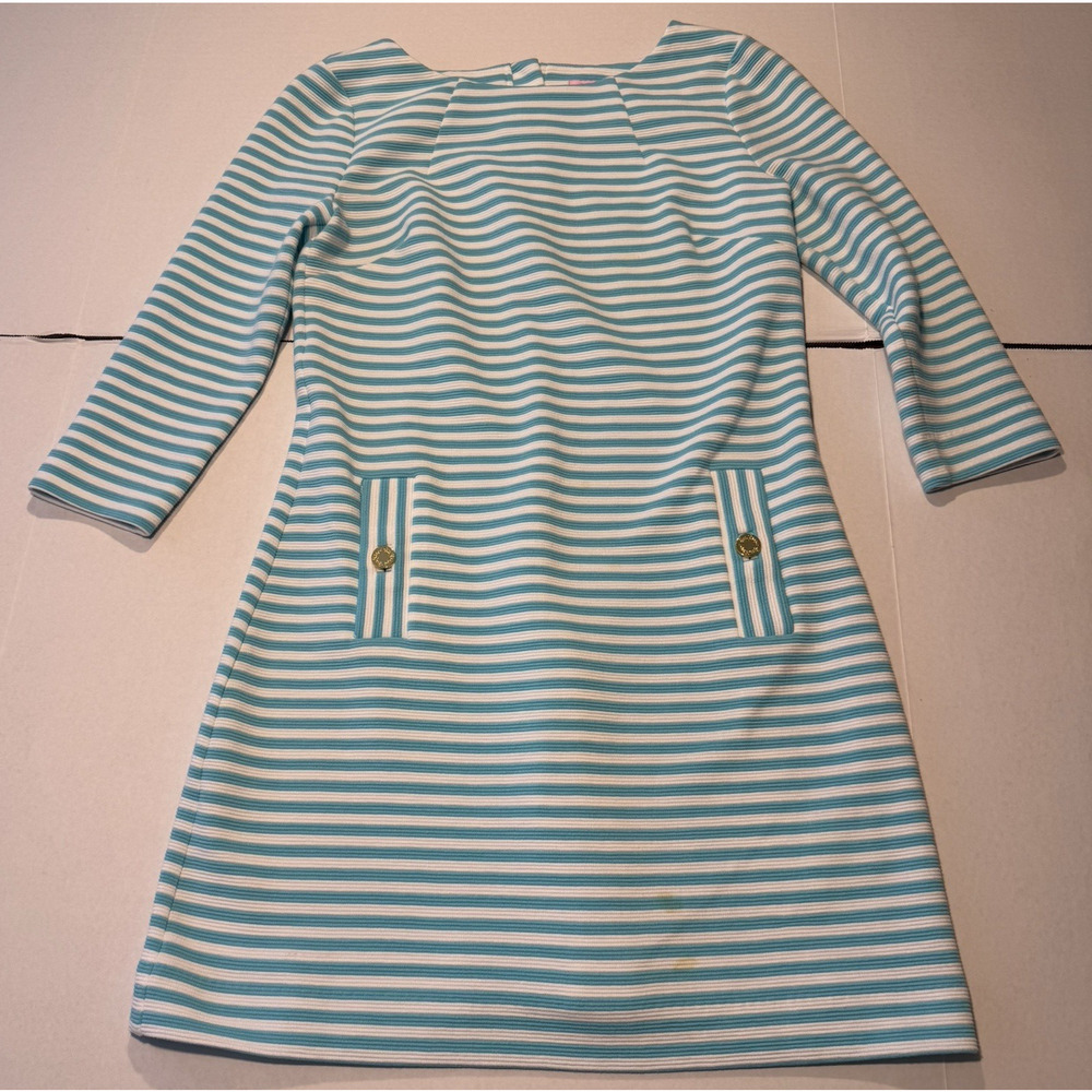 Lilly Pulitzer Women’s Dress SZ S Blue White Striped 3/4 Sleeve Gold Button READ